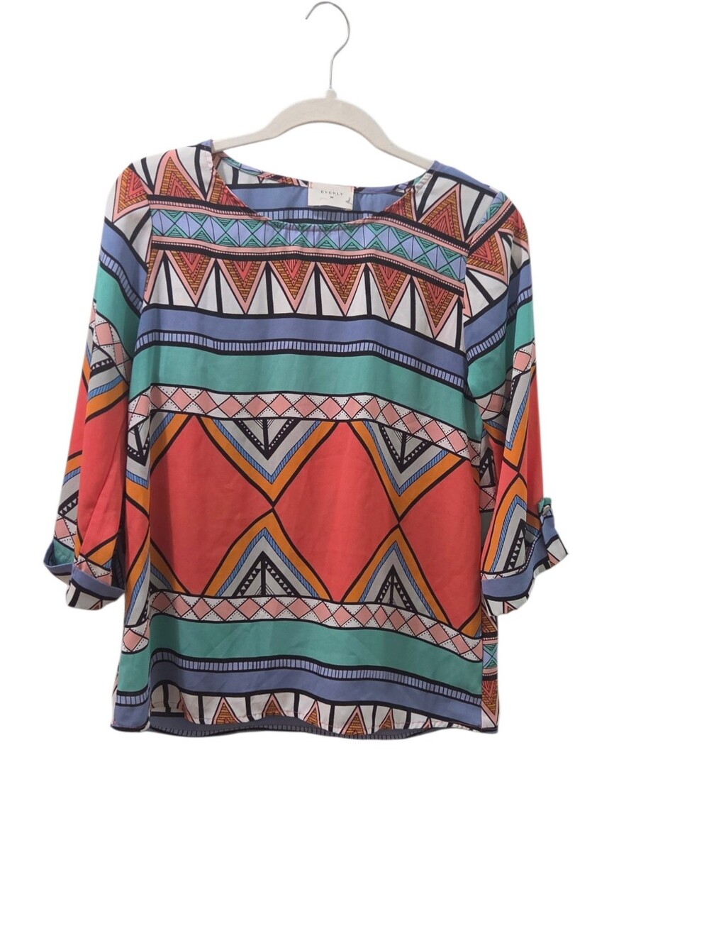 Everly S Multicolor Geometric Print Blouse Coral Teal Roll Tab Sleeve Made USA